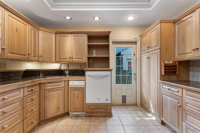 321 E 29th Pl, Tulsa, OK 74114 - kitchen featuring ornamental molding, dark countertops, light tile patterned flooring, white dishwasher, and recessed lighting