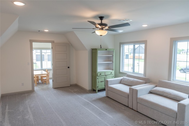 13661 S 23rd St, Bixby, OK 74008 - living area featuring light colored carpet, ceiling fan, recessed lighting, and lofted ceiling
