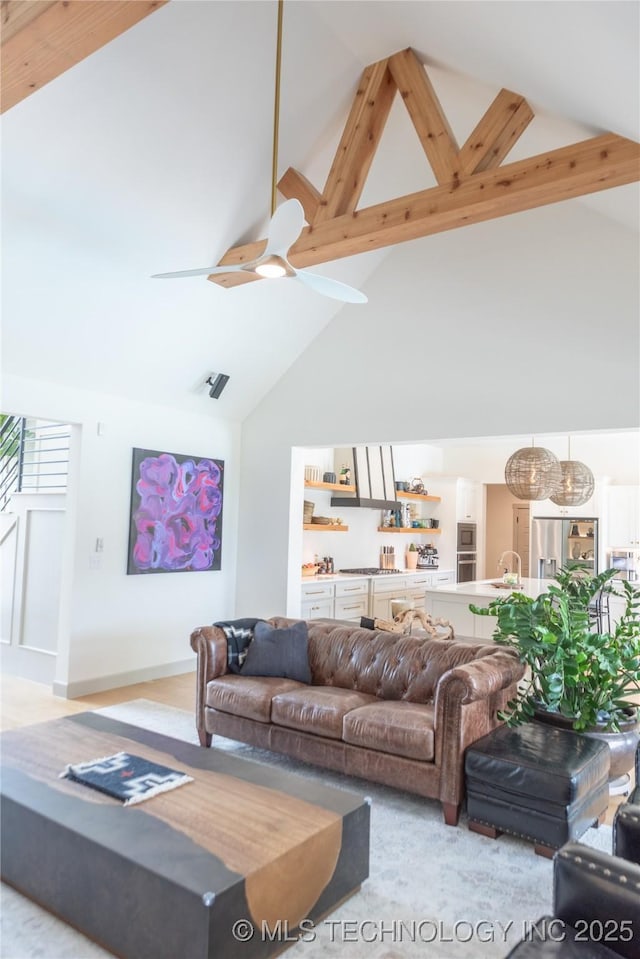 13661 S 23rd St, Bixby, OK 74008 - living room featuring high vaulted ceiling, beamed ceiling, and bar area
