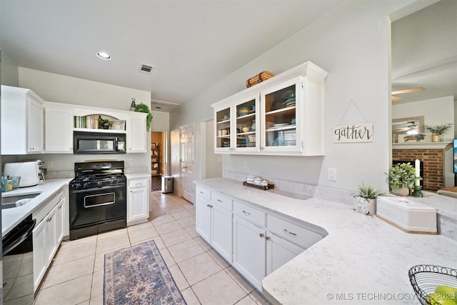 304 S 63rd St, Broken Arrow, OK 74014 - kitchen featuring black appliances, white cabinetry, glass insert cabinets, open shelves, and a ceiling fan