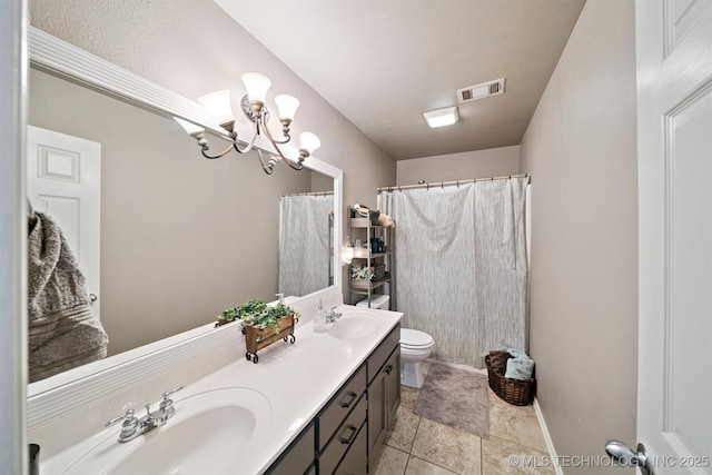 304 S 63rd St, Broken Arrow, OK 74014 - full bathroom featuring double vanity, a chandelier, tile patterned flooring, and curtained shower