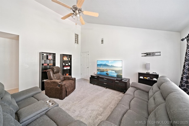 304 S 63rd St, Broken Arrow, OK 74014 - living room featuring light colored carpet, a ceiling fan, and high vaulted ceiling
