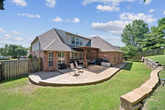 304 S 63rd St, Broken Arrow, OK 74014 - rear view of property with a pergola, brick siding, a shingled roof, and a fenced backyard