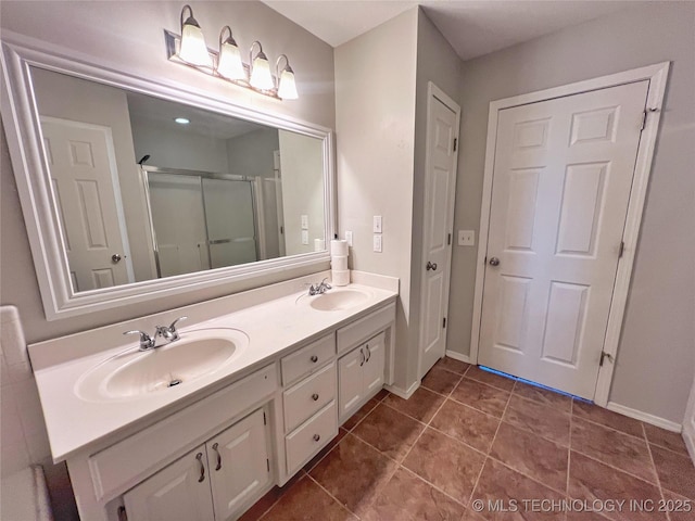 3610 Magnolia Dr, Sand Springs, OK 74063 - bathroom with double vanity, a shower stall, and tile patterned flooring