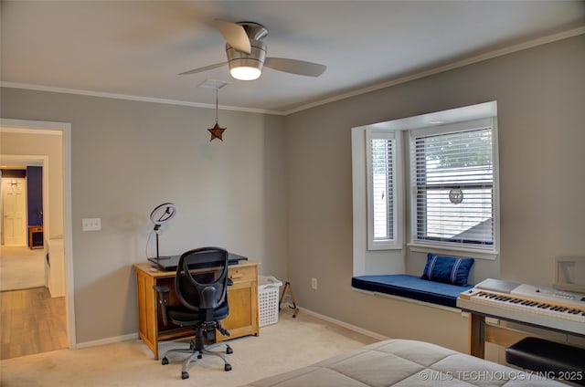 3360 S Allegheny Ave, Tulsa, OK 74135 - office area featuring ceiling fan, ornamental molding, and light colored carpet