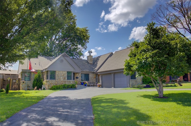 3360 S Allegheny Ave, Tulsa, OK 74135 - view of front of property featuring stone siding, a garage, driveway, and a chimney