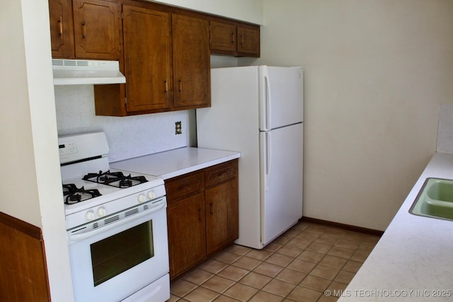 12329 E 18th St, Tulsa, OK 74128 - kitchen with white appliances, under cabinet range hood, light countertops, and brown cabinets