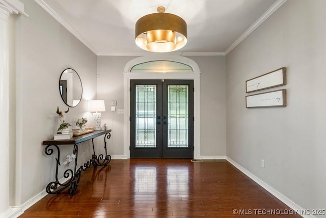8766 Haskell Dr, Broken Arrow, OK 74014 - entrance foyer with french doors, wood finished floors, and ornamental molding