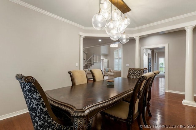 8766 Haskell Dr, Broken Arrow, OK 74014 - dining room featuring decorative columns, stairway, dark wood-type flooring, and crown molding