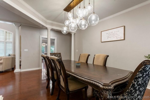 8766 Haskell Dr, Broken Arrow, OK 74014 - dining space with decorative columns, dark wood-style flooring, healthy amount of natural light, ornamental molding, and a chandelier