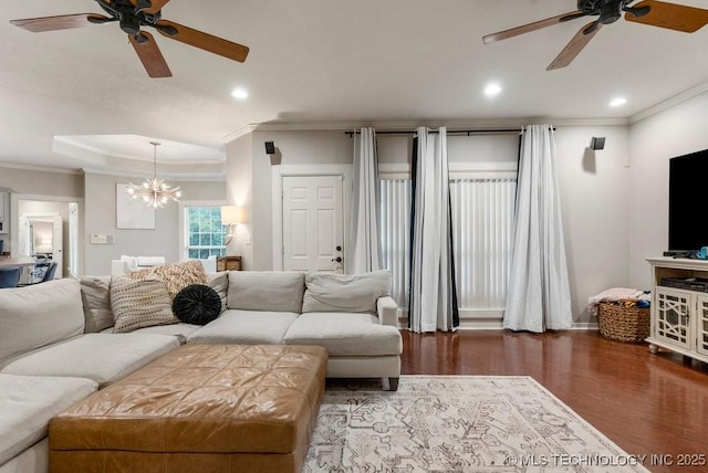 8766 Haskell Dr, Broken Arrow, OK 74014 - living area with a ceiling fan, ornamental molding, wood finished floors, recessed lighting, and a chandelier