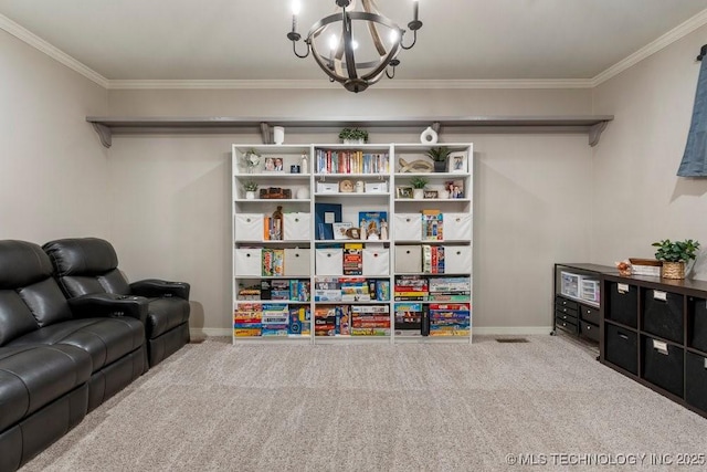 8766 Haskell Dr, Broken Arrow, OK 74014 - living area featuring carpet flooring, crown molding, and a chandelier