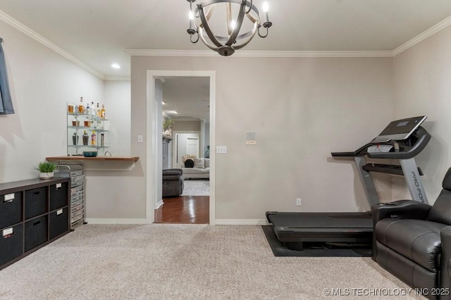 8766 Haskell Dr, Broken Arrow, OK 74014 - exercise area featuring ornamental molding, a chandelier, carpet, and bar area