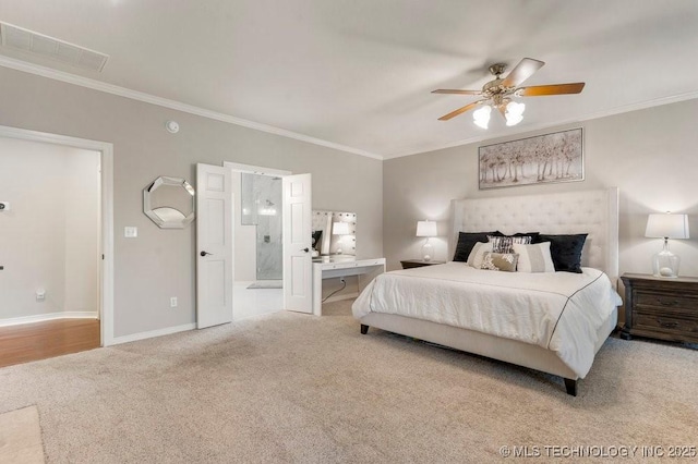 8766 Haskell Dr, Broken Arrow, OK 74014 - bedroom featuring carpet, crown molding, connected bathroom, and a ceiling fan
