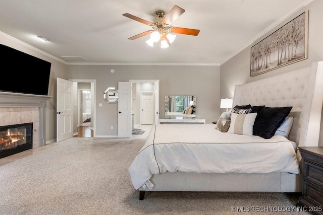 8766 Haskell Dr, Broken Arrow, OK 74014 - bedroom featuring crown molding, carpet, a fireplace, and a ceiling fan