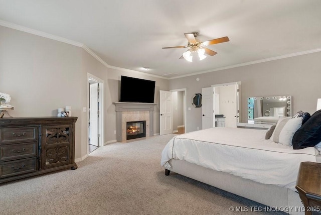 8766 Haskell Dr, Broken Arrow, OK 74014 - bedroom with crown molding, carpet, a tile fireplace, and a ceiling fan