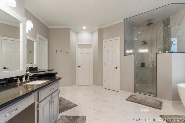 8766 Haskell Dr, Broken Arrow, OK 74014 - bathroom featuring marble finish flooring, a marble finish shower, double vanity, a freestanding tub, and crown molding