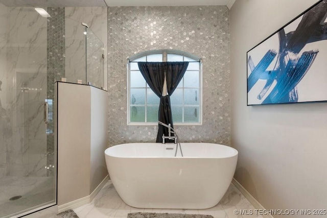 8766 Haskell Dr, Broken Arrow, OK 74014 - full bathroom featuring marble finish floors, a marble finish shower, and a freestanding bath