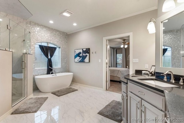 8766 Haskell Dr, Broken Arrow, OK 74014 - ensuite bathroom with vanity, a shower stall, a soaking tub, crown molding, and marble finish flooring