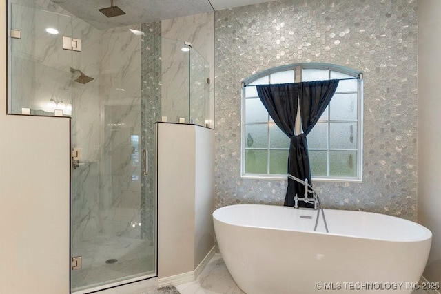 8766 Haskell Dr, Broken Arrow, OK 74014 - full bathroom featuring marble finish floors, a marble finish shower, and a soaking tub