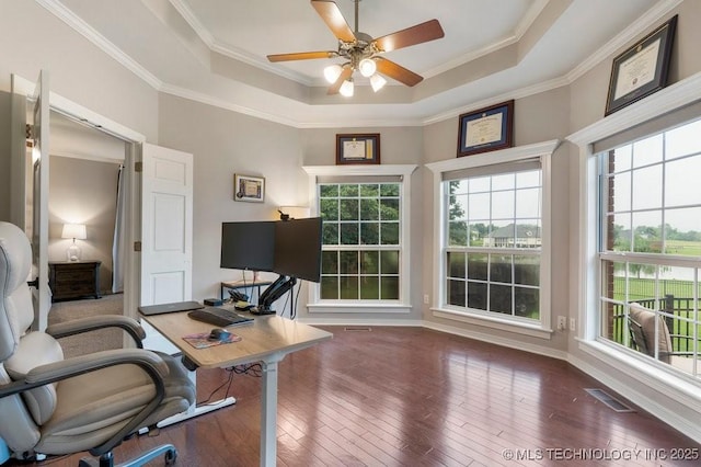 8766 Haskell Dr, Broken Arrow, OK 74014 - home office with plenty of natural light, a raised ceiling, ceiling fan, and ornamental molding