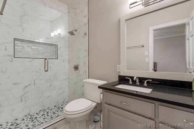 8766 Haskell Dr, Broken Arrow, OK 74014 - bathroom featuring a stall shower, vanity, and crown molding