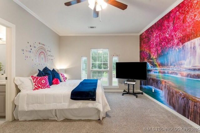 8766 Haskell Dr, Broken Arrow, OK 74014 - carpeted bedroom featuring crown molding and a ceiling fan