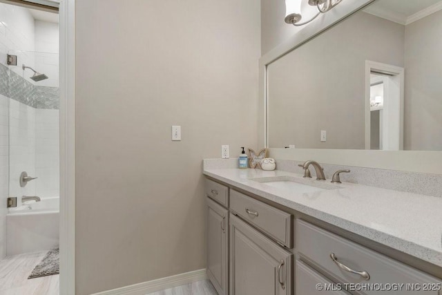 8766 Haskell Dr, Broken Arrow, OK 74014 - bathroom featuring vanity, crown molding, and shower / tub combination