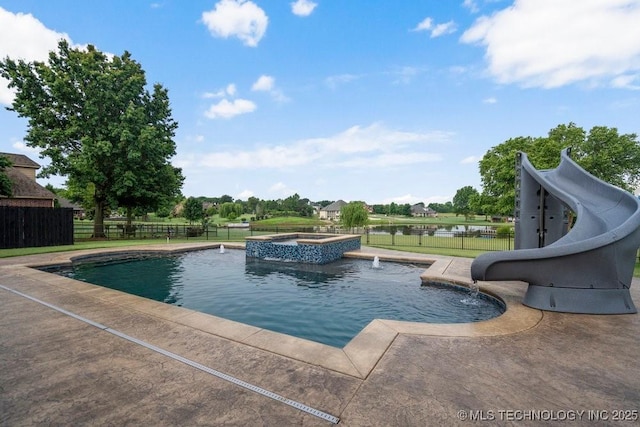 8766 Haskell Dr, Broken Arrow, OK 74014 - view of pool featuring a water slide, a pool with connected hot tub, and a patio