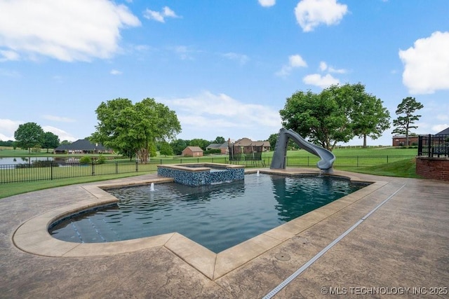 8766 Haskell Dr, Broken Arrow, OK 74014 - view of pool with a fenced backyard, a water slide, a pool with connected hot tub, and a patio area