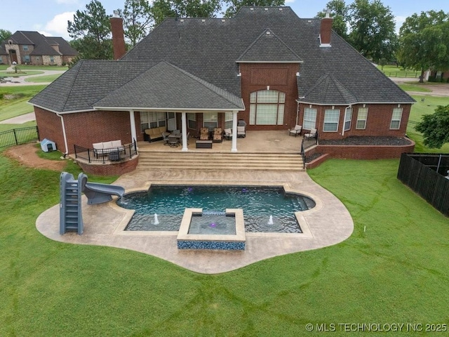 8766 Haskell Dr, Broken Arrow, OK 74014 - back of property with an outdoor living space, brick siding, a chimney, roof with shingles, and a patio area
