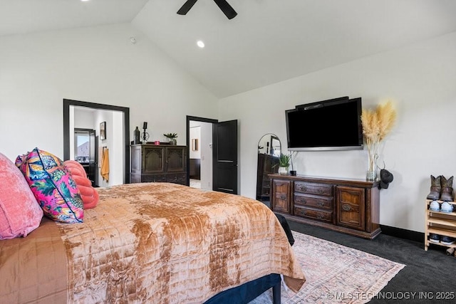 21933 E 101st Pl S, Broken Arrow, OK 74014 - carpeted bedroom with high vaulted ceiling, ceiling fan, and recessed lighting