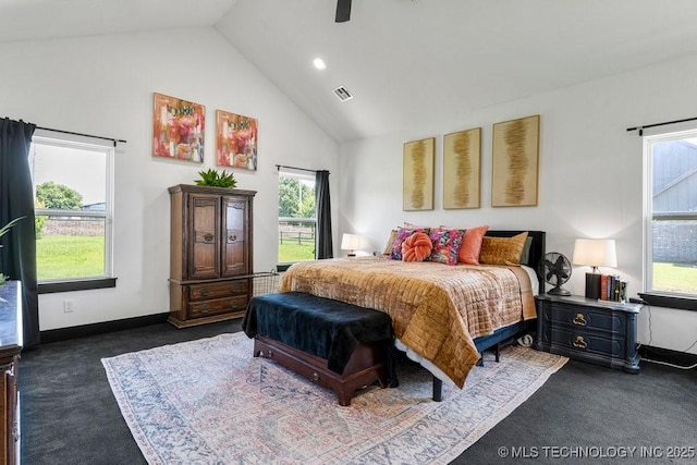 21933 E 101st Pl S, Broken Arrow, OK 74014 - bedroom with dark carpet, multiple windows, high vaulted ceiling, a ceiling fan, and recessed lighting