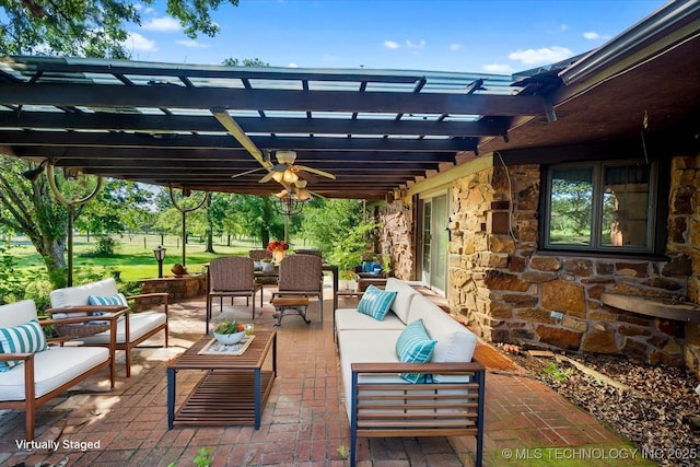 1943 W 163rd St, Skiatook, OK 74070 - view of patio featuring an outdoor living space, a pergola, and ceiling fan
