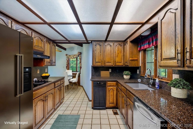 1943 W 163rd St, Skiatook, OK 74070 - kitchen featuring stainless steel fridge, dishwasher, tasteful backsplash, under cabinet range hood, and black electric stovetop