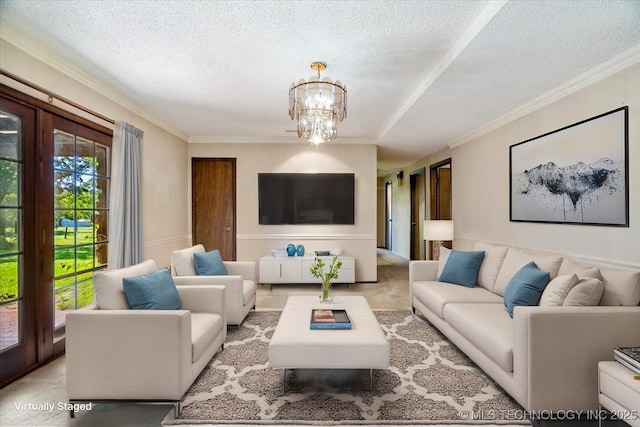 1943 W 163rd St, Skiatook, OK 74070 - living area with ornamental molding, a chandelier, a textured ceiling, and carpet floors