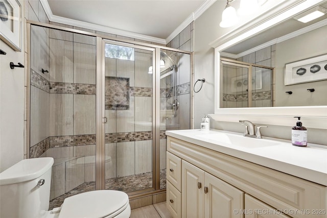 1628 E 45th Pl, Tulsa, OK 74105 - full bathroom with crown molding, vanity, and a shower stall