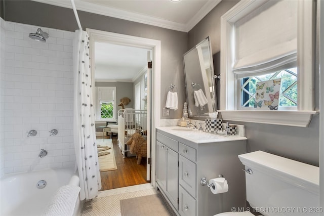 1249 E 26th St, Tulsa, OK 74114 - bathroom featuring ornamental molding, vanity, and shower / bath combination with curtain