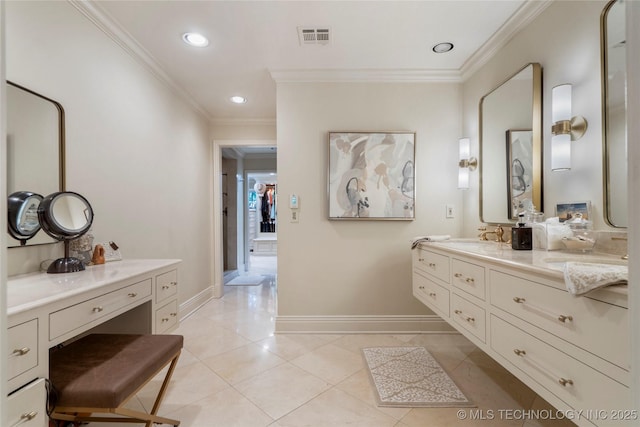 1249 E 26th St, Tulsa, OK 74114 - bathroom with ornamental molding, vanity, tile patterned floors, and recessed lighting