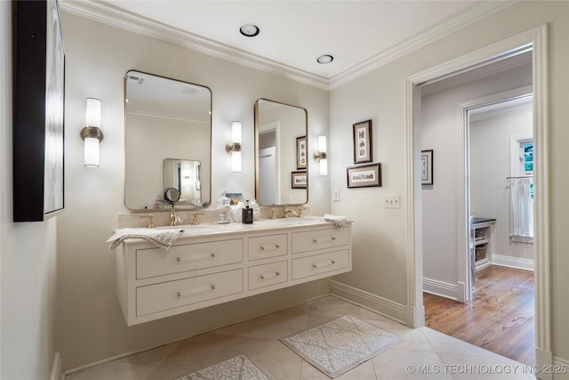 1249 E 26th St, Tulsa, OK 74114 - bathroom featuring double vanity, tile patterned flooring, and ornamental molding