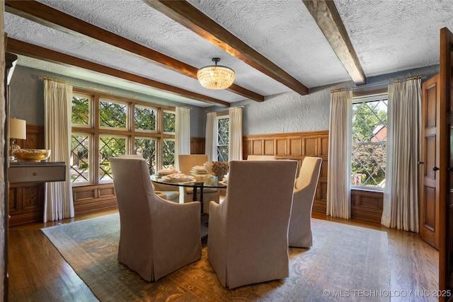 1249 E 26th St, Tulsa, OK 74114 - dining room featuring wood finished floors, a wainscoted wall, a textured ceiling, and beam ceiling