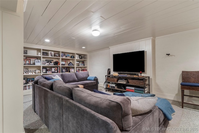 1249 E 26th St, Tulsa, OK 74114 - carpeted living area with wood ceiling, crown molding, and recessed lighting