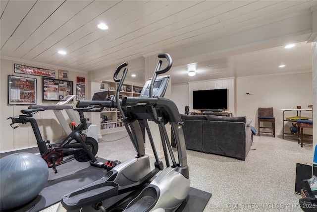 1249 E 26th St, Tulsa, OK 74114 - workout area featuring ornamental molding, recessed lighting, and wooden ceiling