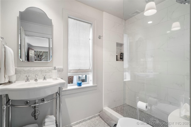 1249 E 26th St, Tulsa, OK 74114 - full bath featuring a tile shower and tile patterned flooring