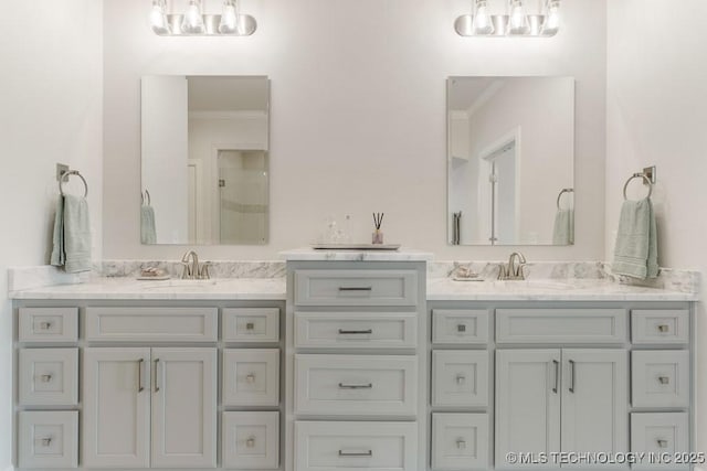 6501 S Fir Ave, Broken Arrow, OK 74134 - full bath with a chandelier, crown molding, double vanity, and a shower