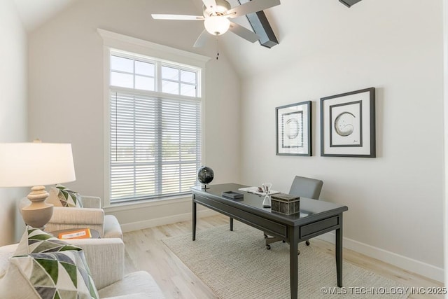 6501 S Fir Ave, Broken Arrow, OK 74134 - office area with lofted ceiling, plenty of natural light, light wood finished floors, and a ceiling fan