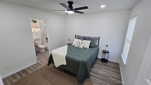 1135 E Zion St, Tulsa, OK 74106 - bedroom with wood finished floors, ensuite bath, recessed lighting, and ceiling fan