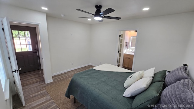 1135 E Zion St, Tulsa, OK 74106 - bedroom featuring wood finished floors, recessed lighting, ceiling fan, and ensuite bathroom
