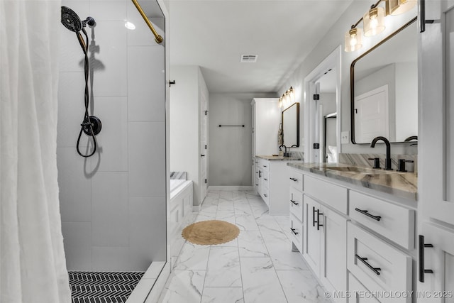 25133 Shade Tree Pl, Claremore, OK 74019 - bathroom with marble finish floors, tiled shower, vanity, and a tub