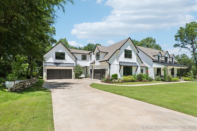 7604 S 6th St, Broken Arrow, OK 74011 - modern farmhouse with an attached garage, a standing seam roof, driveway, a front yard, and a shingled roof